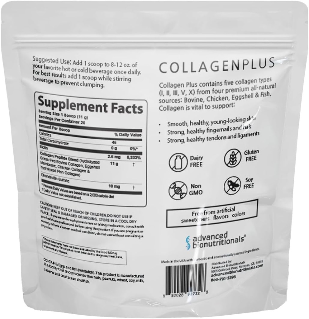 Advanced Collagen Plus Powder – 5 Types of Collagen (I, II, III, V, X) with Biotin & Chondroitin Sulfate – Supports Skin, Hair, Joints & Nails – Unflavored, Easy-Mix Formula