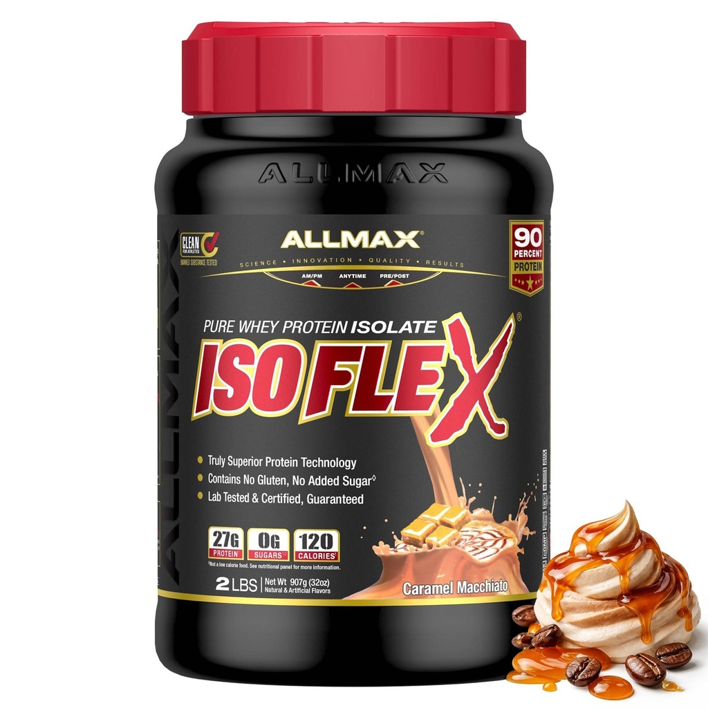ALLMAXの栄養ISOFLEX ホエイプロテインアイソレート、キャラメルマキアト - 2 lb - 27 タンパク質Per Scoopのグラム - ゼロファット&シュガー - 99% ラクトースフリー - グルテンフリー&大豆無料 - 約30 サービング