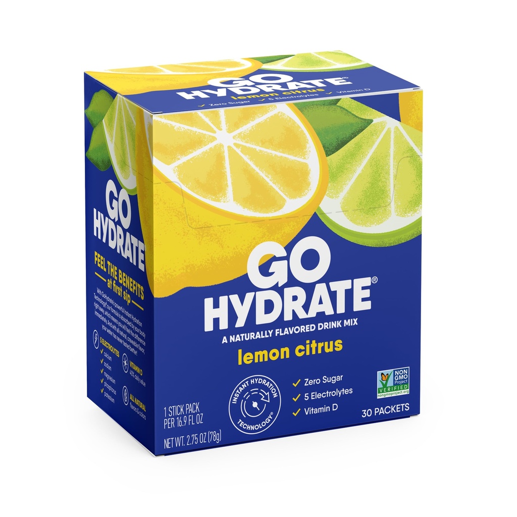 GoHydrateの即刻の水和の粉のパケット-低いナトリウムの電解物飲み物の組合せ-自然な水和サポート、砂糖のビタミンD、30のパック、レモン 柑橘類が付いている自由な電解物の味付けされた粉の飲み物