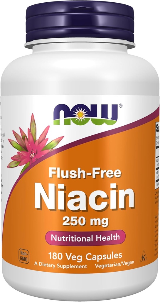 NOW Foods Supplements, Niacin (Vitamin B-3) 250 mg, Flush-Free, Nutritional Health, 180 Veg Capsules