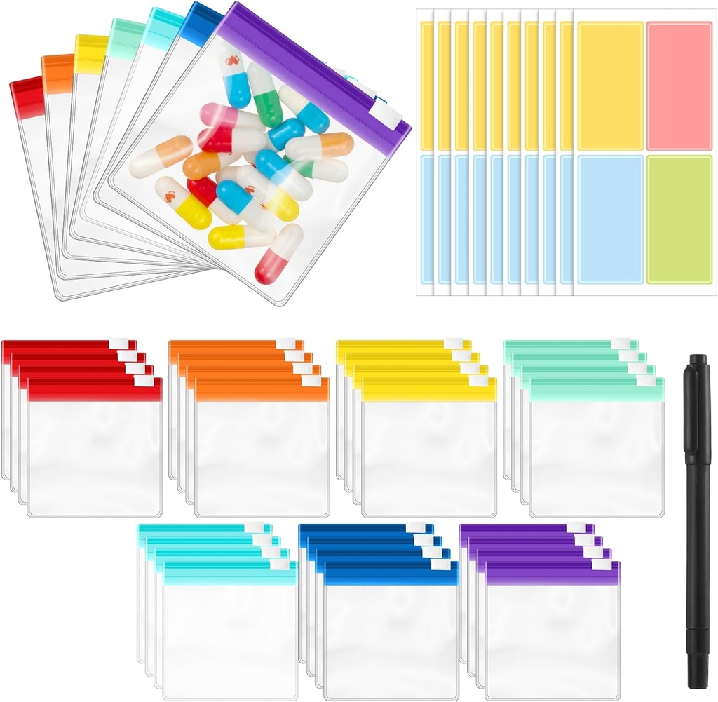 39 PCのPillの袋は28Pcsの小さい丸薬のオルガナイザーの袋および薬のオルガナイザー袋と再使用可能な旅行のためのジッパー付きの丸薬袋を袋に入れ、10pcsのステッカーは袋に入れます