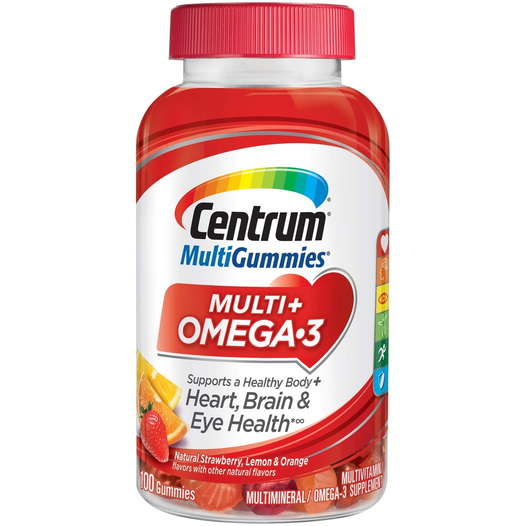 Centrum MultiGummies Omega 3 Gummy Multivitamin 大人、マルチビタミン/マルチミネラルサプリメント、イチゴ/レモン/オレンジ味 - 100 カウント