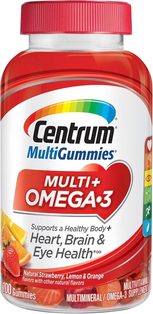 Centrum MultiGummies Omega 3 Gummy Multivitamin 大人、マルチビタミン/マルチミネラルサプリメント、イチゴ/レモン/オレンジ味 - 100 カウント