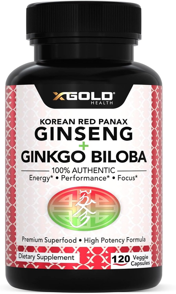 本物の韓国赤のPanax Ginseng 1200mg + Ginkgo Biloba 160mg – 高Ginsenosides Extra Strength – エネルギー, メモリ, フォーカス & 脳の健康 – 男性と女性のためのビーガンカプセル – 120 カウント