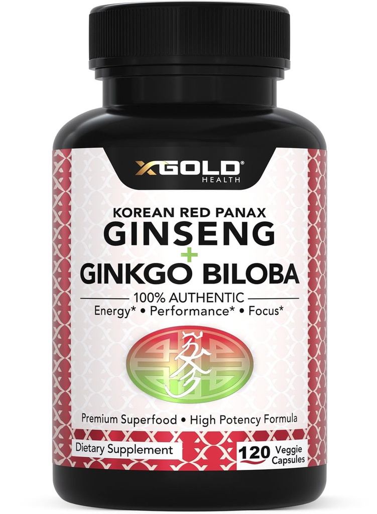 本物の韓国赤のPanax Ginseng 1200mg + Ginkgo Biloba 160mg – 高Ginsenosides Extra Strength – エネルギー, メモリ, フォーカス & 脳の健康 – 男性と女性のためのビーガンカプセル – 120 カウント