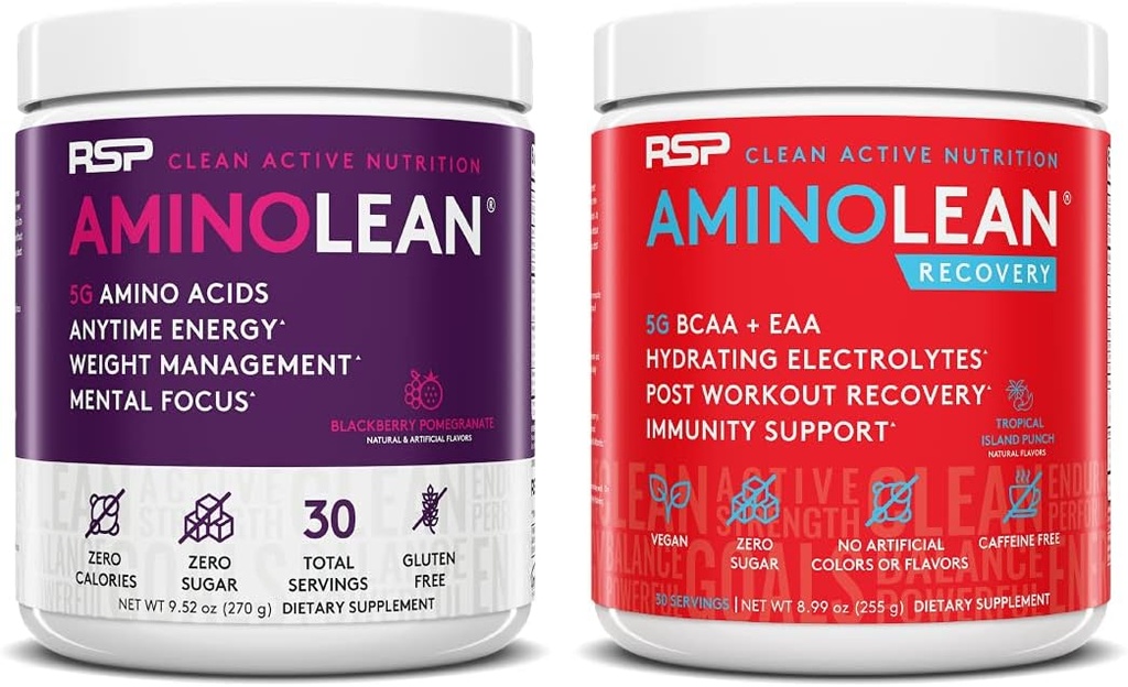RSP NUTRITION AminoLeanプレワークアウトエネルギー(BlackBerry Pomegranate 30サービング)とAminoLean Recovery Post Workout Boost(Tropical Island Punch 30サービング)