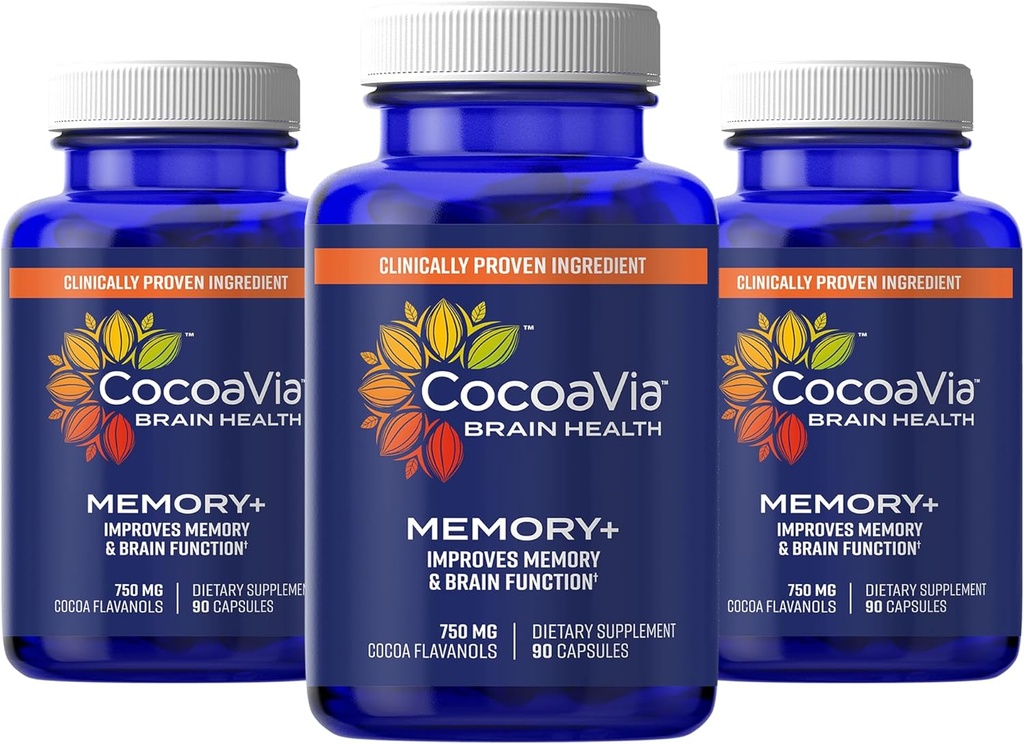 CocoaVia Memory+ Brain Supplement, 90 Day, 750 mg Cocoa Flavanols, Memory & Brain Booster, Vegan, Plant Based, Gluten Free, 270 Capsules