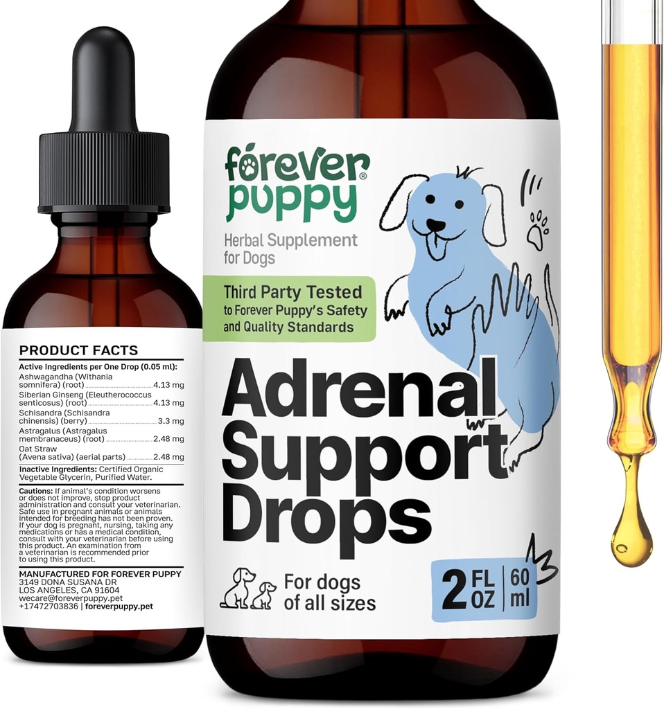 Forever Puppy Adrenal Support Drops for Dogs - Pure Ashwagandha & Ginseng Root Tincture for Adrenal Health & Energy Support - Calming Care Liquid Supplement for Dogs of All Breeds & Sizes - 2 oz