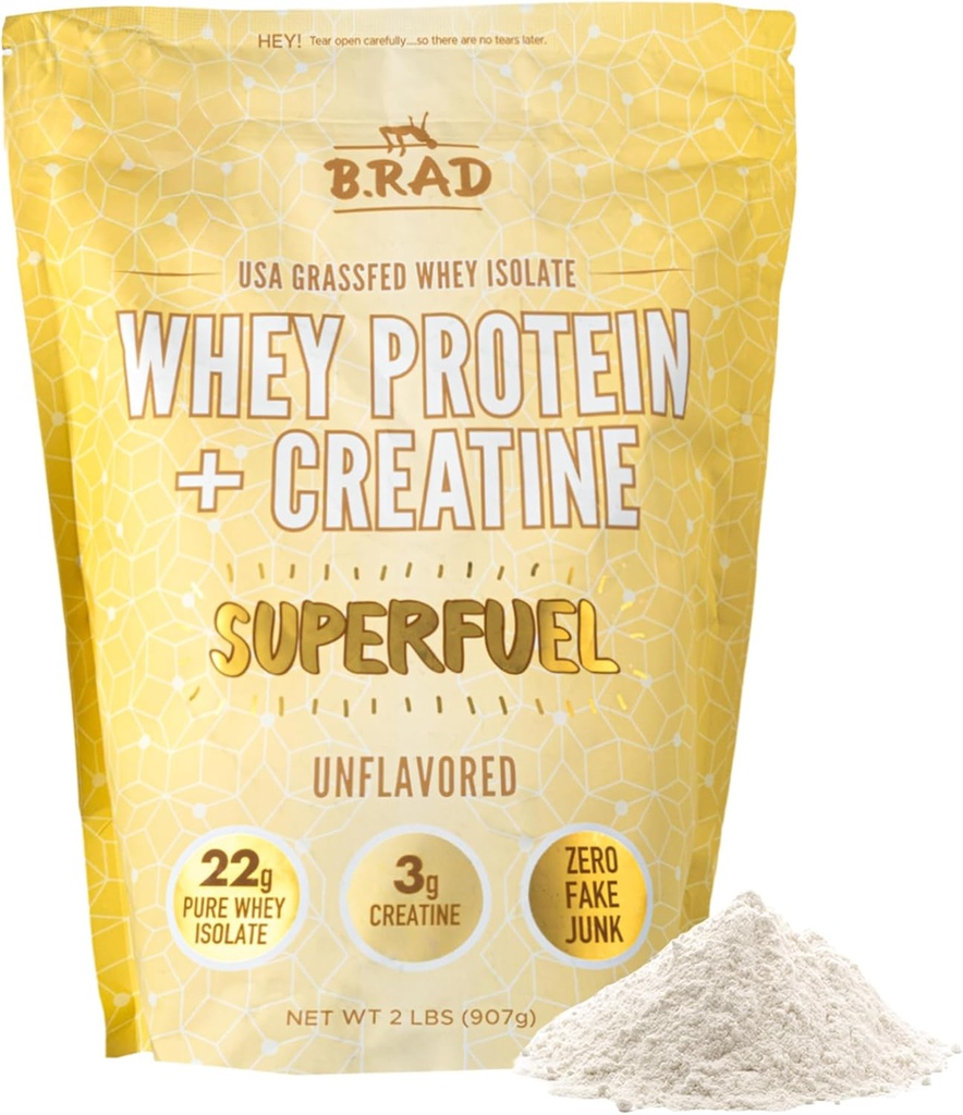 B.rad Superfuel - Grass Fed Whey Protein Isolate Boosted with Creatine | Farm-Fresh, Easy-to-Digest, Clean Ingredients | 2 Pounds | 100% USA Sourced | Unflavored