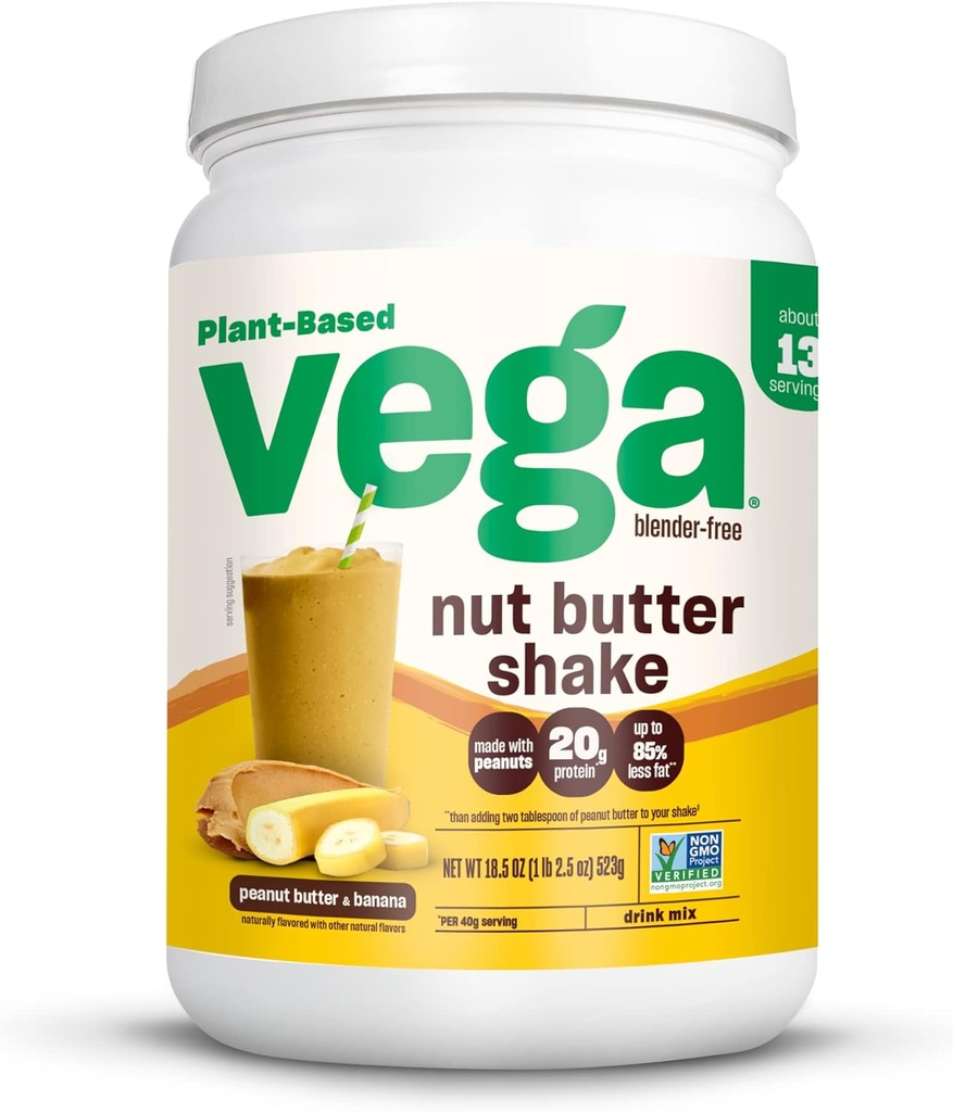Vega Nut Butter Shake, Peanut Butter & Banana - Vegan Protein Powder, 20g Protein, Real Food Ingredients, No Added Sugar, 1.39 lbs