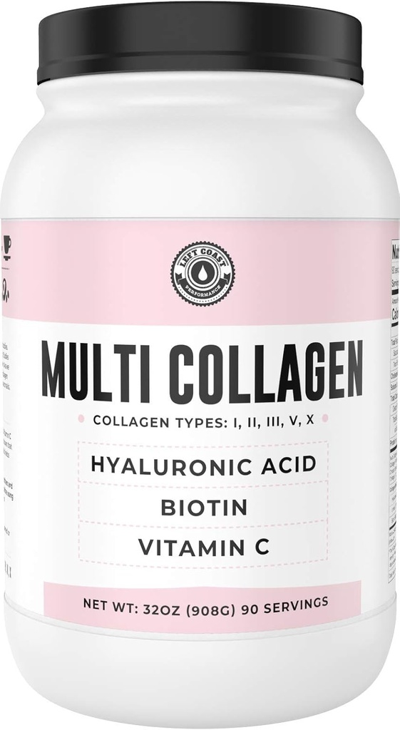 Multi Collagen Powder with Biotin, Hyaluronic Acid, Vitamin C (2lb Value Size) | Hydrolyzed Collagen Supplement (Types I, II, III, V, X). Hair, Skin, Nails for Women, Men