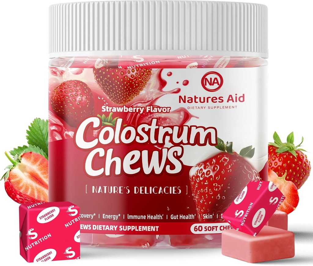 Colostrum ChewsはGut Health、Bloating、免疫サポート、スキン、毛の成長および美のためのprobioticsと補います - いちご味(60のサービング)