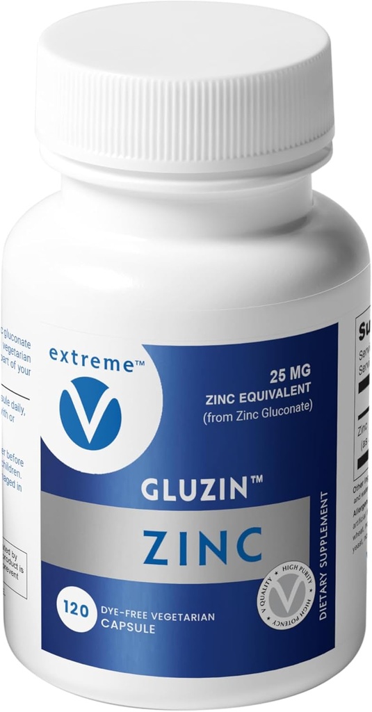 Gluzin Zinc Gluconate 25 mg | Immune & Enzyme Support - Vegan Friendly (120 Vegetarian Capsules)