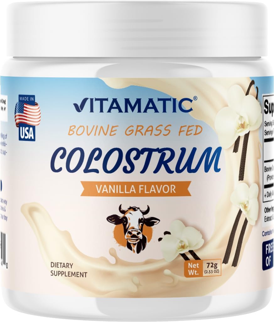 Vitamatic Bovine Colostrum 30% IgG パウダー - Gut 健康、髪の成長、美容、筋肉の回復、免疫サポート - 簡単に混合 - 72 グラム(30 サービング、バニラ風味)