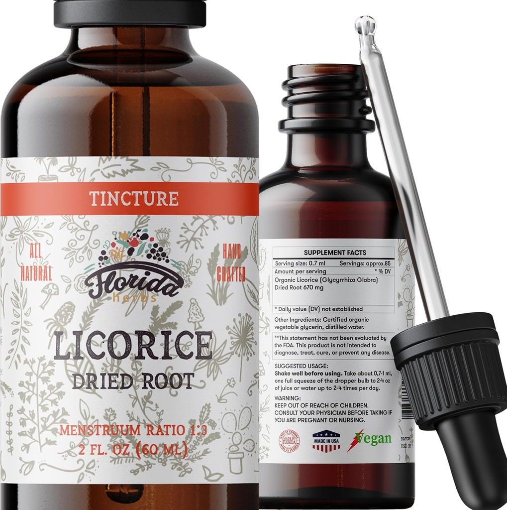 Licorice Tincture, Organic Licorice Extract (Glycyrrhiza Glabra) Dried Root, Herbal Supplement, Non-GMO in Cold-Pressed Organic Vegetable Glycerin 2 oz, 670 mg