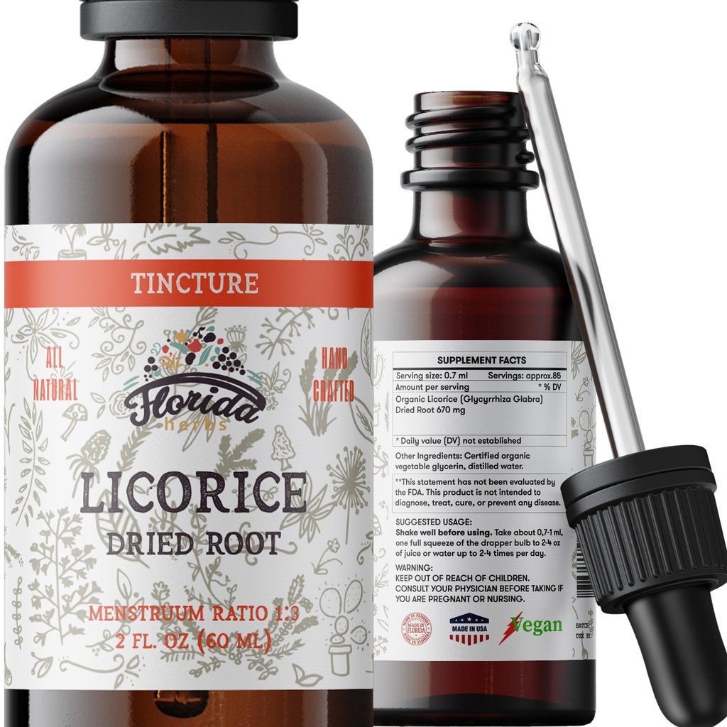 Licorice Tinctureの有機性Licoriceのエキス(Glycyrrhizaのglabra)はRoot、草の補足、冷たい出版物で非GMOを有機性野菜Glycerin 2のoz、670のmg乾燥しました