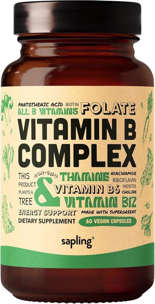 sapling Vegan Vitamin B Complex - Whole Food Blend with Essential B Vitamins B1, B2, B3, B5, B6, B7, Folate, B12-60 Caps