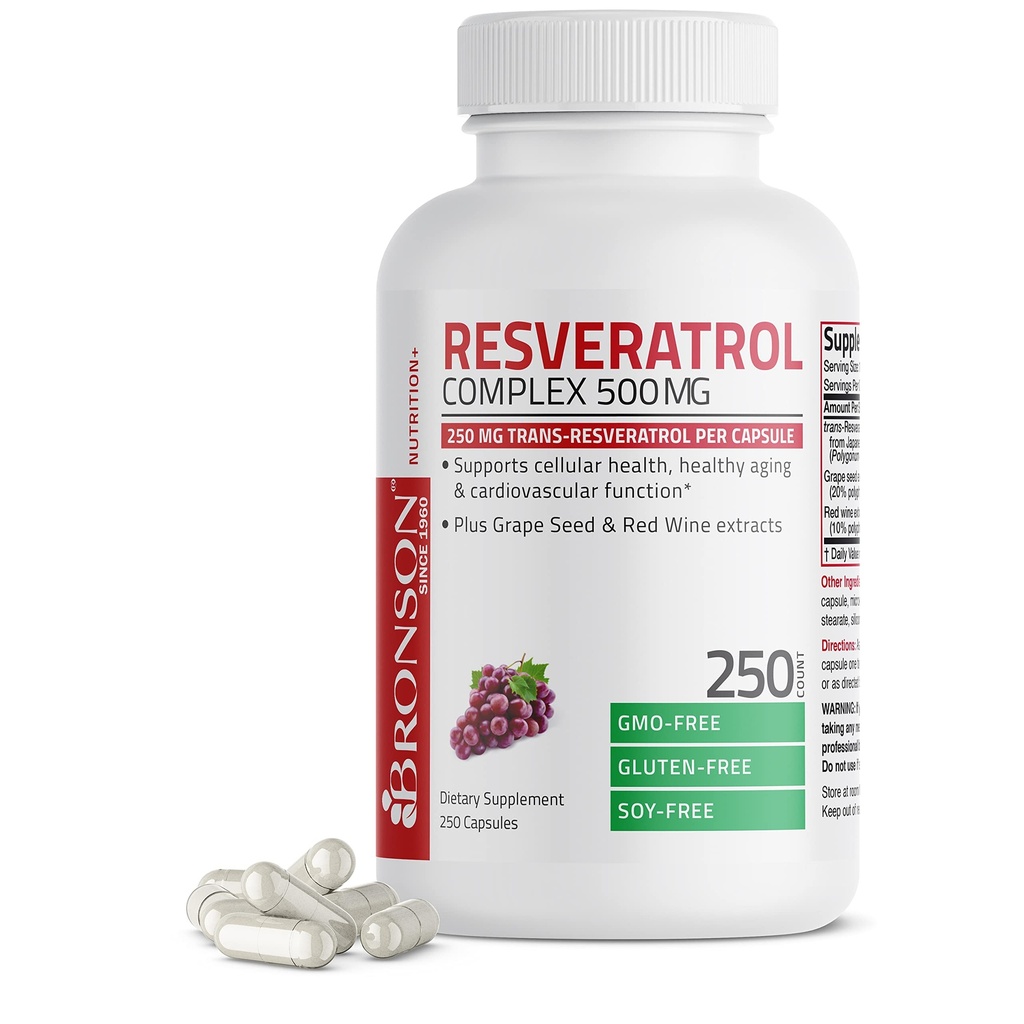 Bronson Resveratrol 500の複雑な標準化されたトランスレスベラトロール+ブドウの種及び赤いワインのエキス、250のカプセル