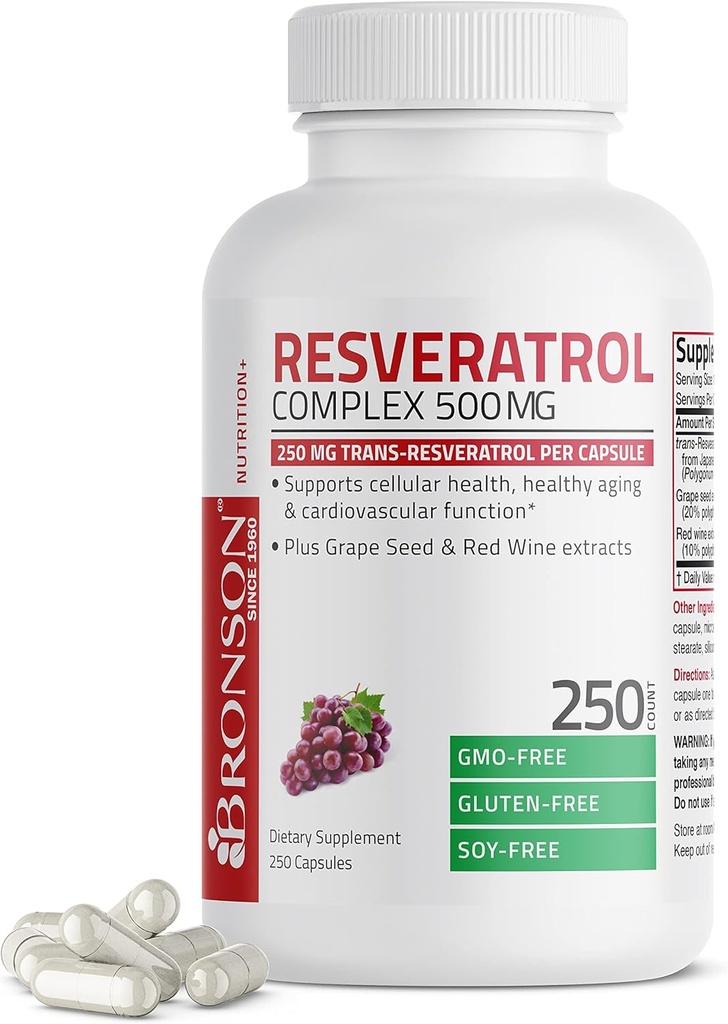 Bronson Resveratrol 500の複雑な標準化されたトランスレスベラトロール+ブドウの種及び赤いワインのエキス、250のカプセル