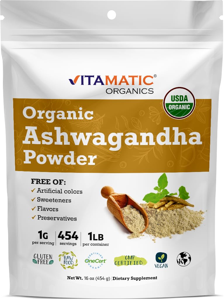 Vitamatic認定USDAオーガニックアシュワガンダパウダー - 1ポンド(16オンス)withania Somnifera | ストレスリリーフ、エネルギー、気分、免疫サポートのためのアーユルヴェーダ適応剤