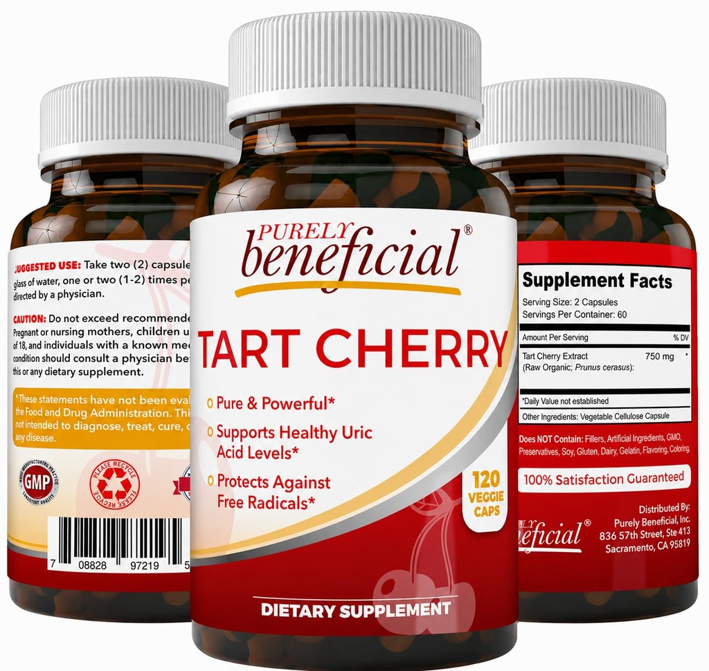 PURELY有益なタルトチェリーカプセル6000mg、余分な強さモンモーレンタルタルトチェリーエキス、ジョイントコンフォート、抗酸化&免疫サポート、非GMO、グルテンフリー、120カウントのための尿酸フラッシュ
