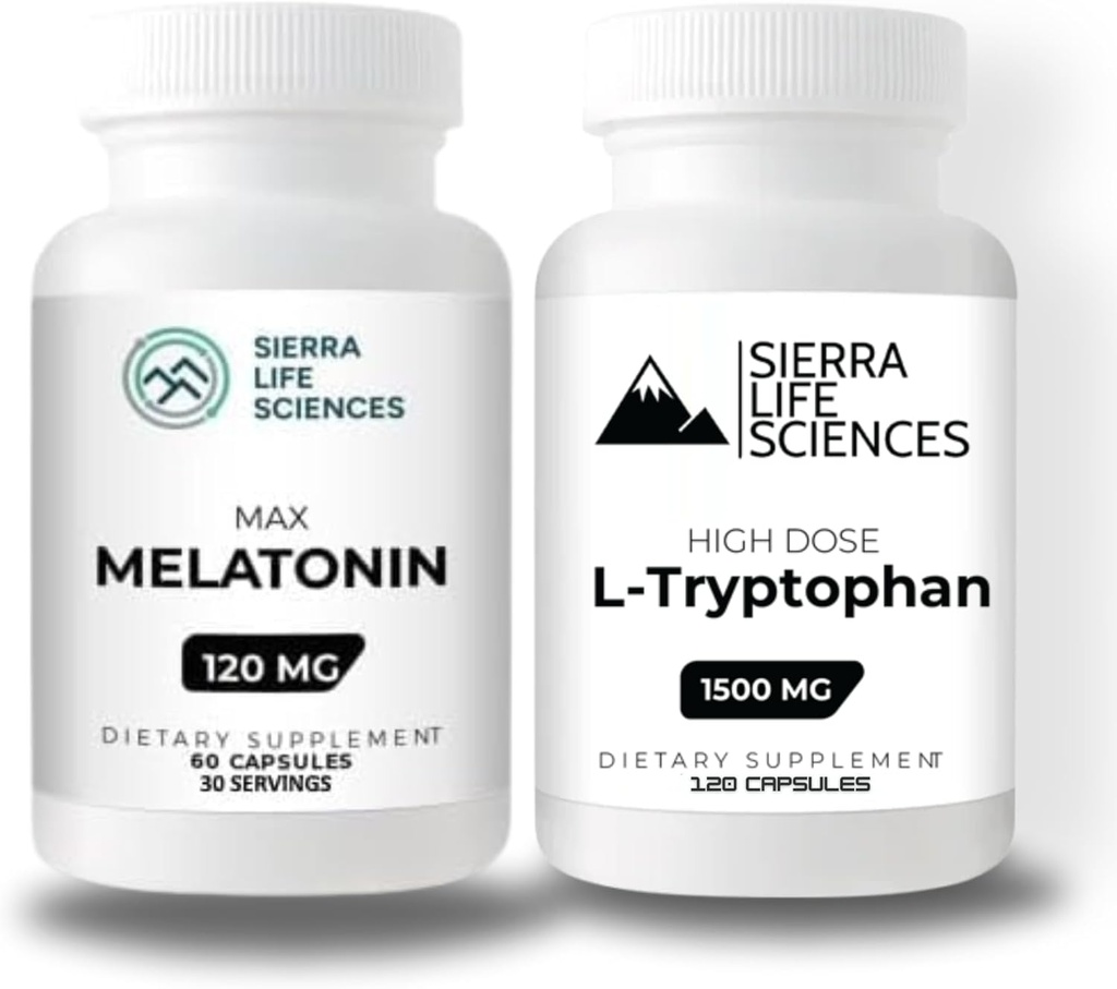 1500mg L-Tryptophan&120mgメラトニンバンドル | 睡眠と気分のサポートのための高用量カプセル | グルテンフリー、非GMO、ベジーキャップ | 30 それぞれに役立ちます