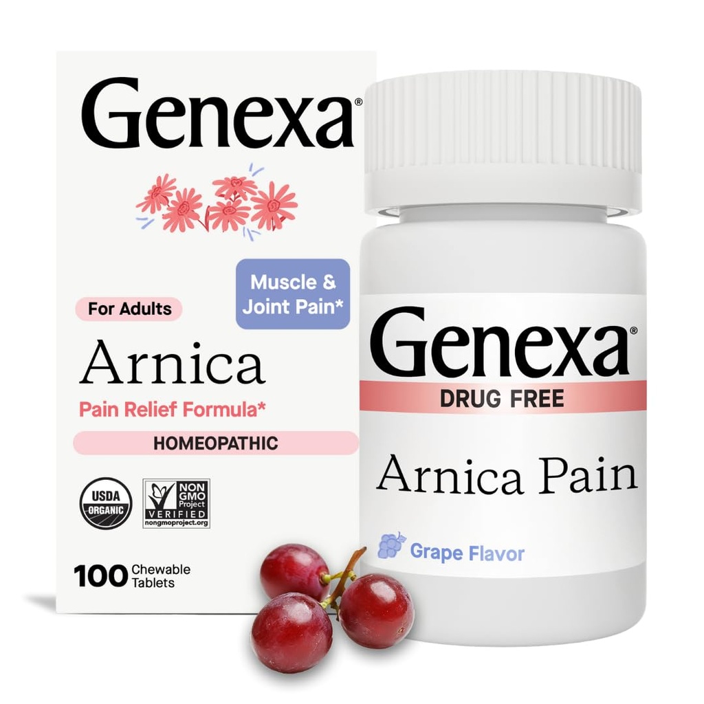痛みの軽減のためのGenexa Arnica | 筋肉と関節の痛みを軽減し、痛みと緊張を和らげる | 有機ブドウの風味 | 体内治療薬は清潔になる | 100 咀嚼可能なタブレット