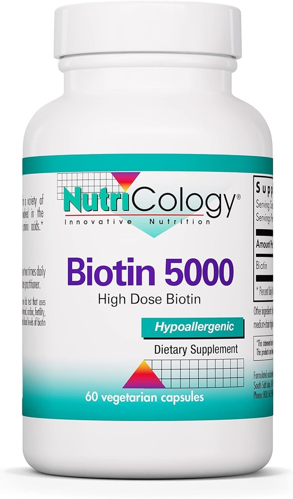 NutricologyのBiotin 5000の補足- 5000mcgのBiotin、毛のためのビタミン、皮および釘、高い線量、ベジタリアンのカプセル、hypoallergenicのグルテンフリー- 60の計算