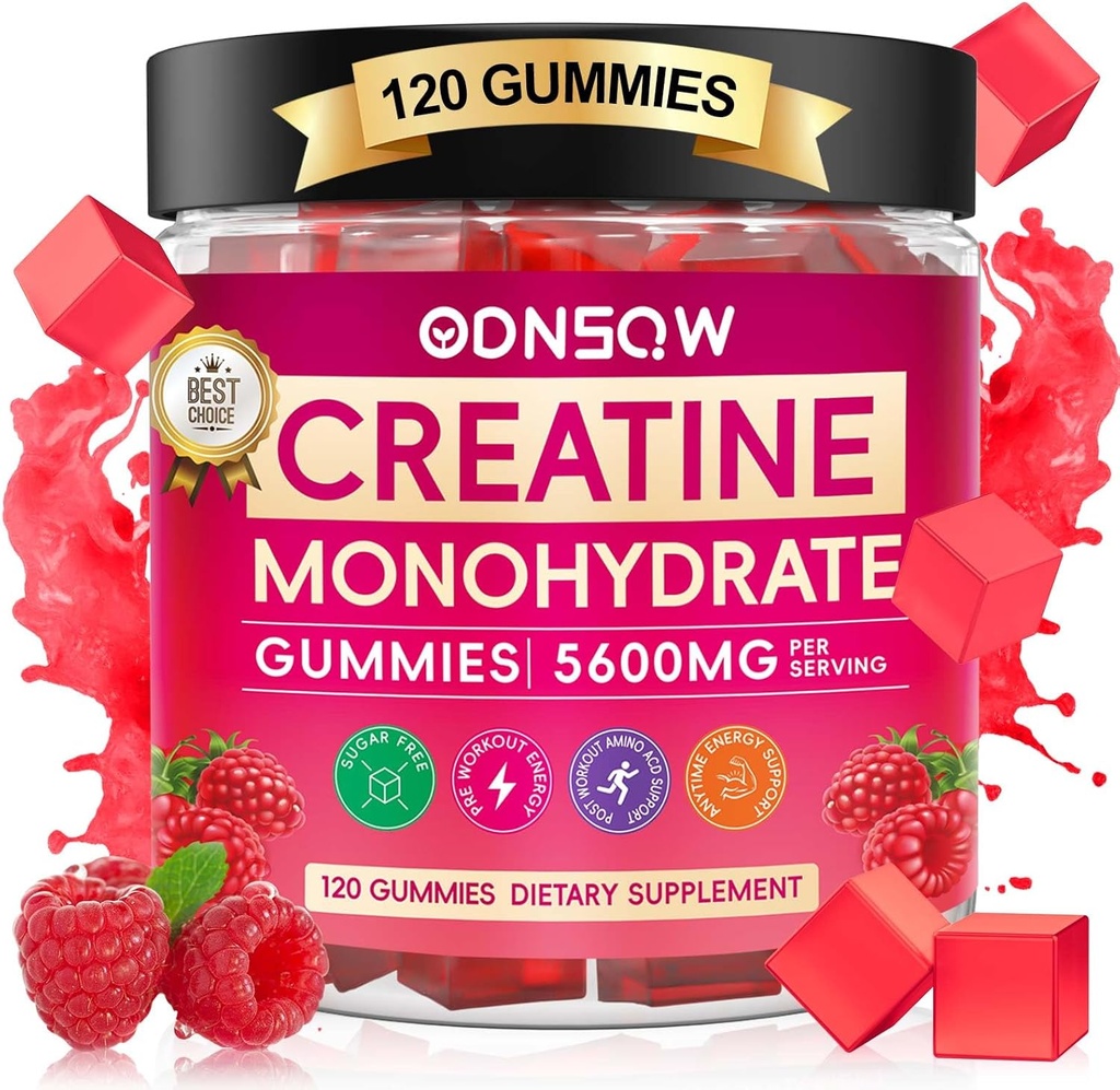 Creatine Monohydrate Gummies for Men & Women 120 CT - 5600mg of Creatine Monohydrate per Serving - Vegan, Sugar Free Chewable Creatine Monohydrate for Muscle Strength, Energy Boost （Raspberry Flavor）