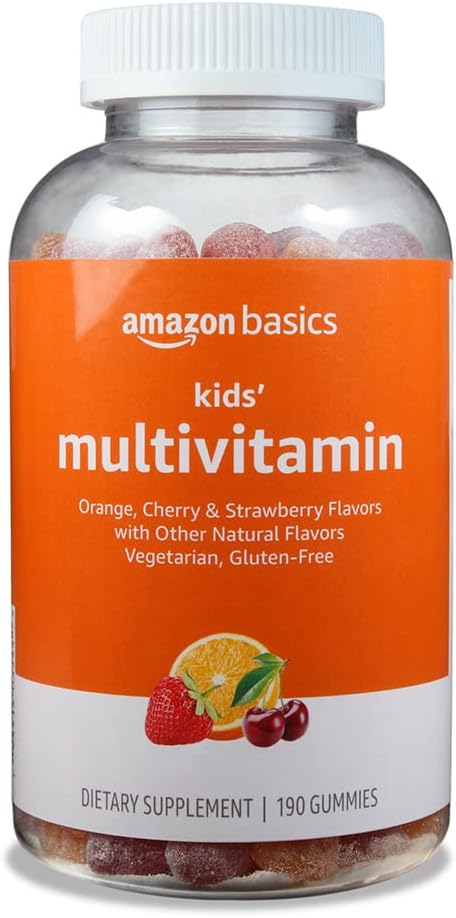 Amazon Basics Kids' Multivitamin、190 Gummies、オレンジ、チェリー&ストロベリー(以前ソリモ)