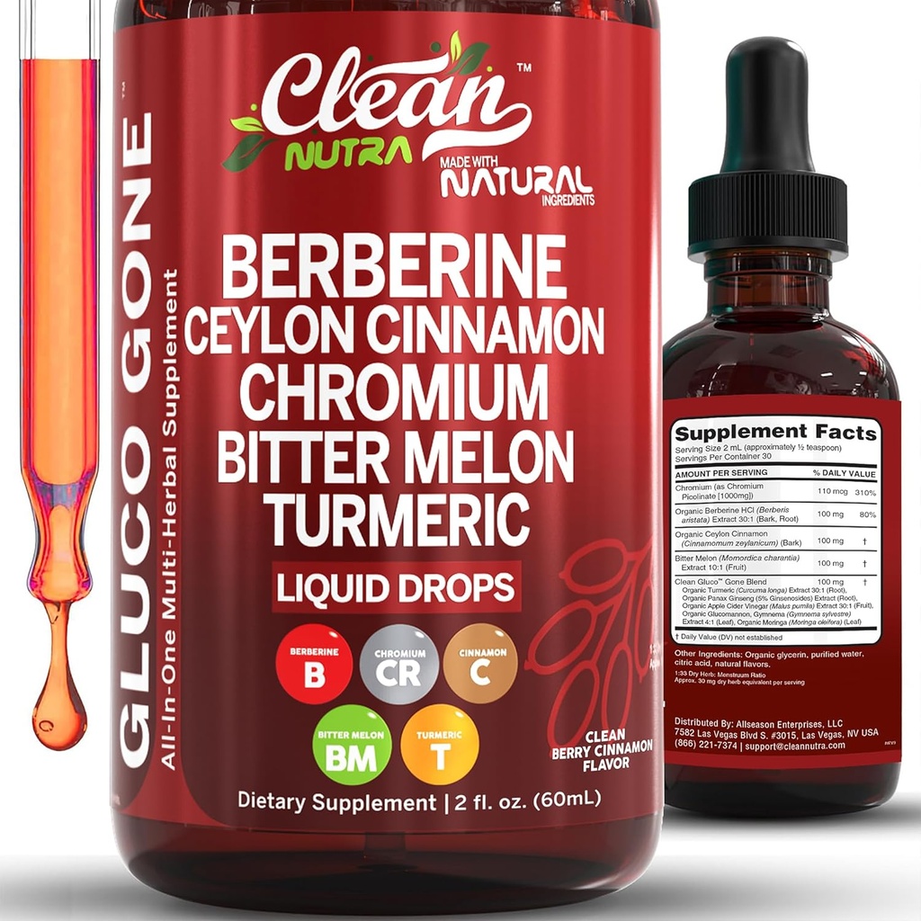 Clean Nutra Berberine with Ceylon Cinnamon Supplement Liquid Drops + Bitter Melon Extract, Glucomannan, Gymnema, Chromium, Turmeric, Organic Panax Ginseng, Moringa GLP-1 Support