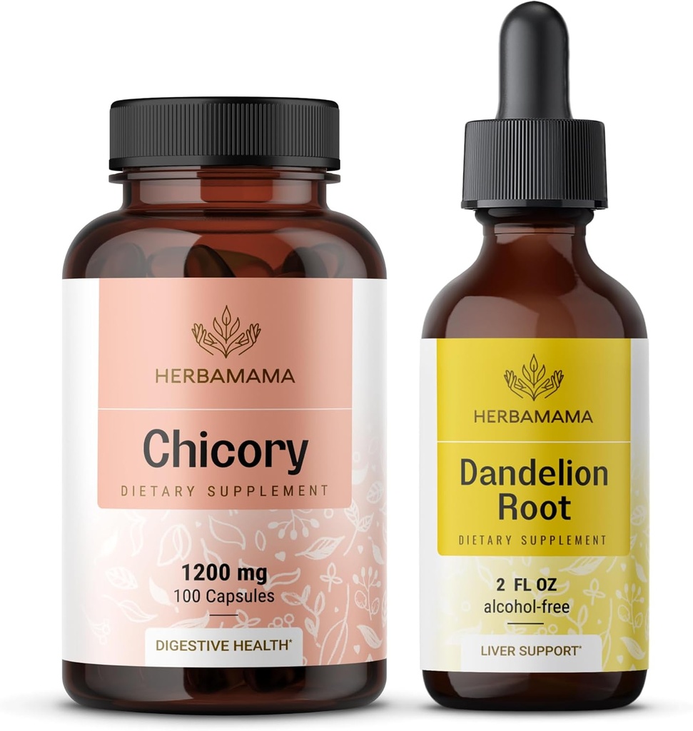 HERBAMAMA Chicory と Dandelion Kit - 1200 mg Chicory Root カプセル & Dandelion Root Tincture 2 fl oz - ビーガン, 非GMO, 砂糖 & アルコールフリー - 2 パック