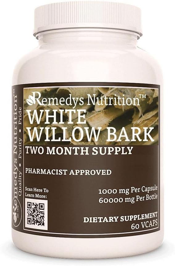 Remedy's Nutrition White Willow Bark|1,000mg、60ビーガンカプセルハーブサプリメント  2ヶ月の供給