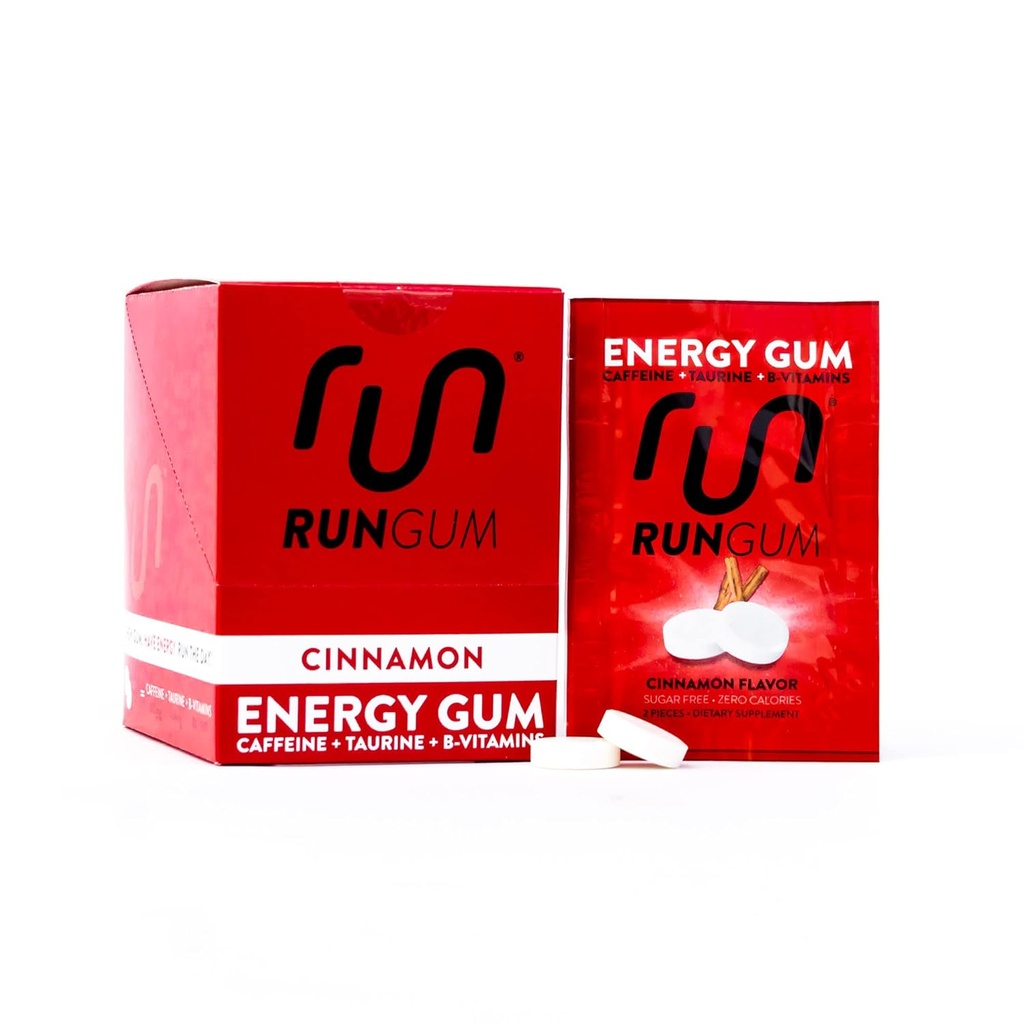 RUN GUMシナモンエナジーガム50mgカフェインタウリン&B-ビタミンパーピース、24ピース(12パック)、2ピース= 1コーヒーまたはエナジードリンク、砂糖無料、ゼロカロリー