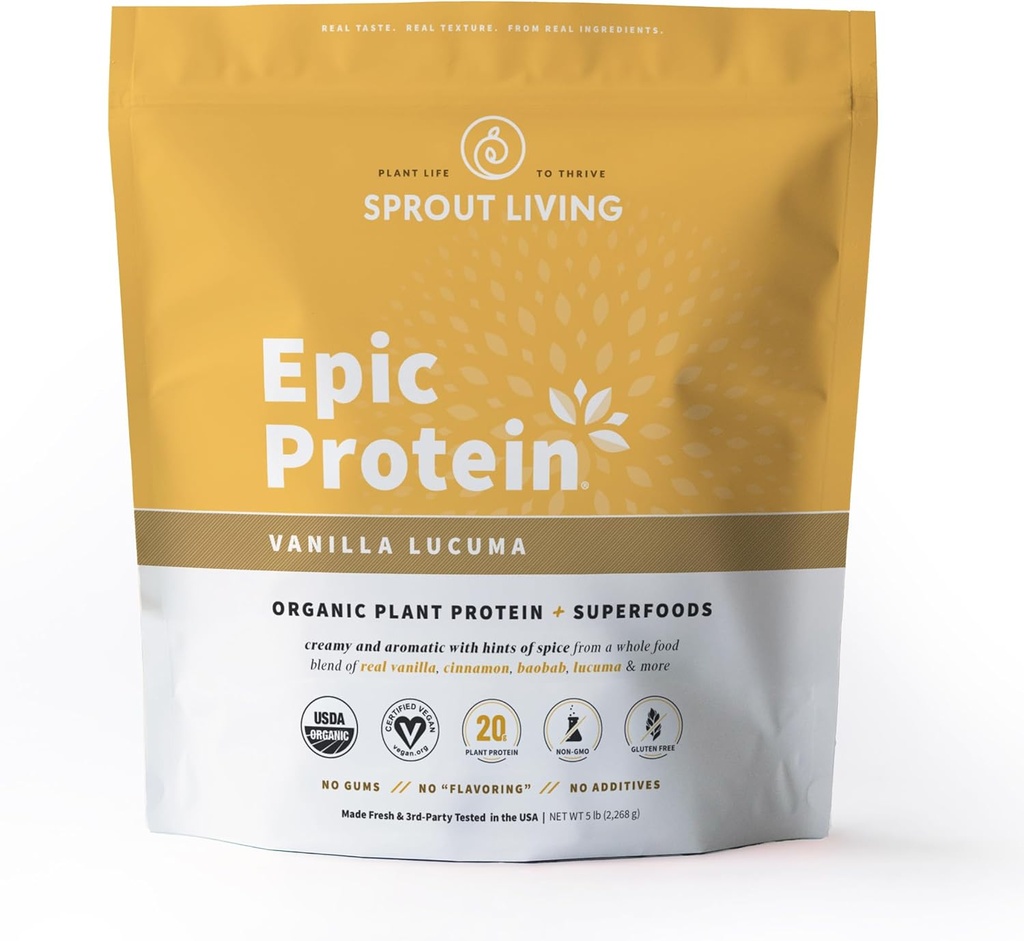 Sprout Living Epic Protein, 植物由来タンパク質 & スーパーフードパウダー, バニラルクマパウダー | 20グラムオーガニックプロテインパウダー, 完全菜食主義者の, 非乳製品, 非GMO, グルテンフリー, 低砂糖 (5ポンド, 60 サービング)