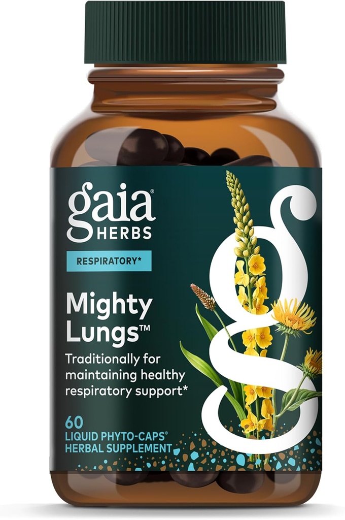 Gaia Herbs Mighty Lungs - Lungサポートサプリメントは、全体的な肺と呼吸の健康を維持するのに役立ちます* - Mullein、Plantain、Schisandra&Elecampane - 60ビーガン液体フィトカプセル(30日の供給)