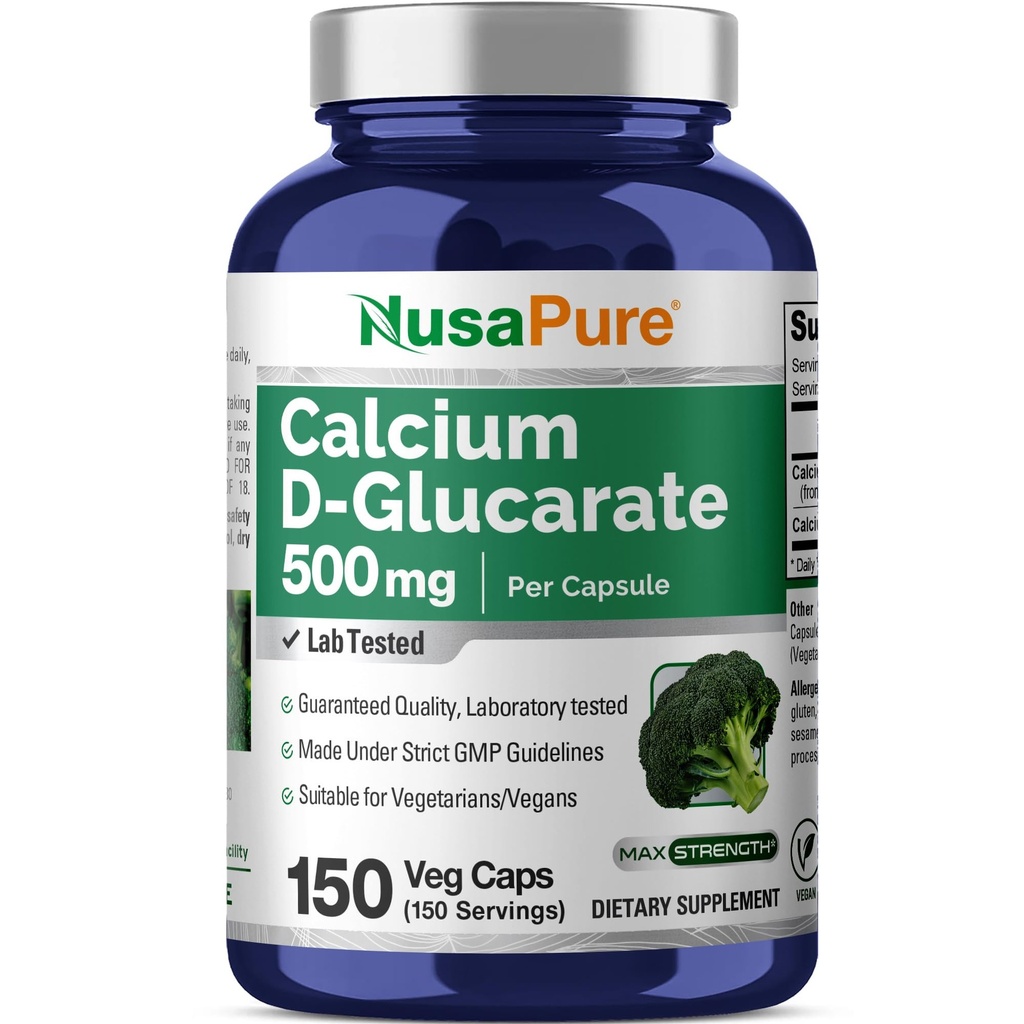 NusaPureカルシウムD-グルカレート500mg 150ベジーキャップ、ビーガン、非GMO、グルテンフリー