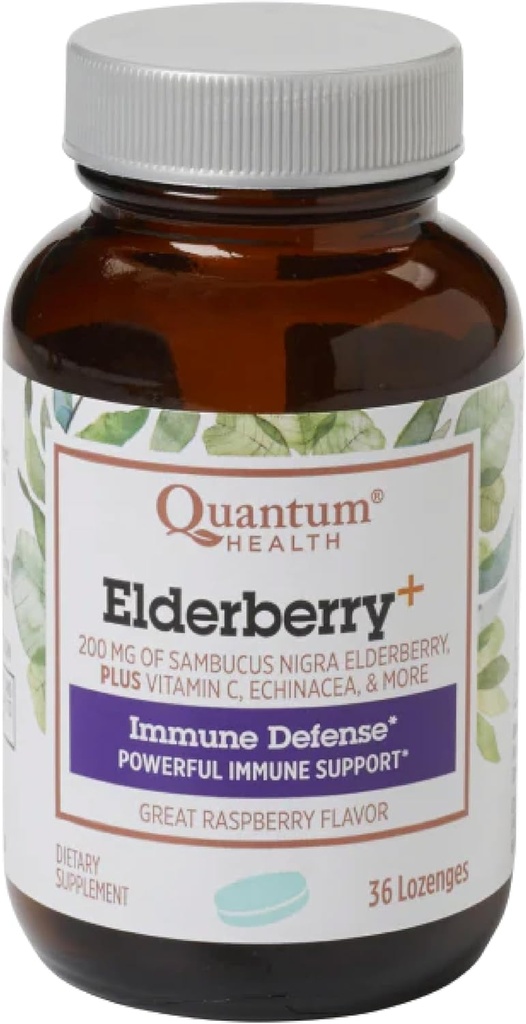 Quantum Health Elderberry+ Lozenges|ラズベリー|強力な免疫サポートを提供|EchinaceaとビタミンCで処方|36カウント