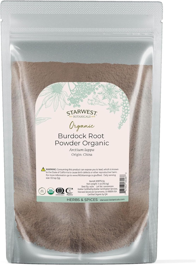 Starwest Botanicals Burdock Rootパウダーオーガニック - 抗酸化物質の天然由来、お茶、米、スープ、シチュー、認定コーシャ、非GMO - 4ozポーチ