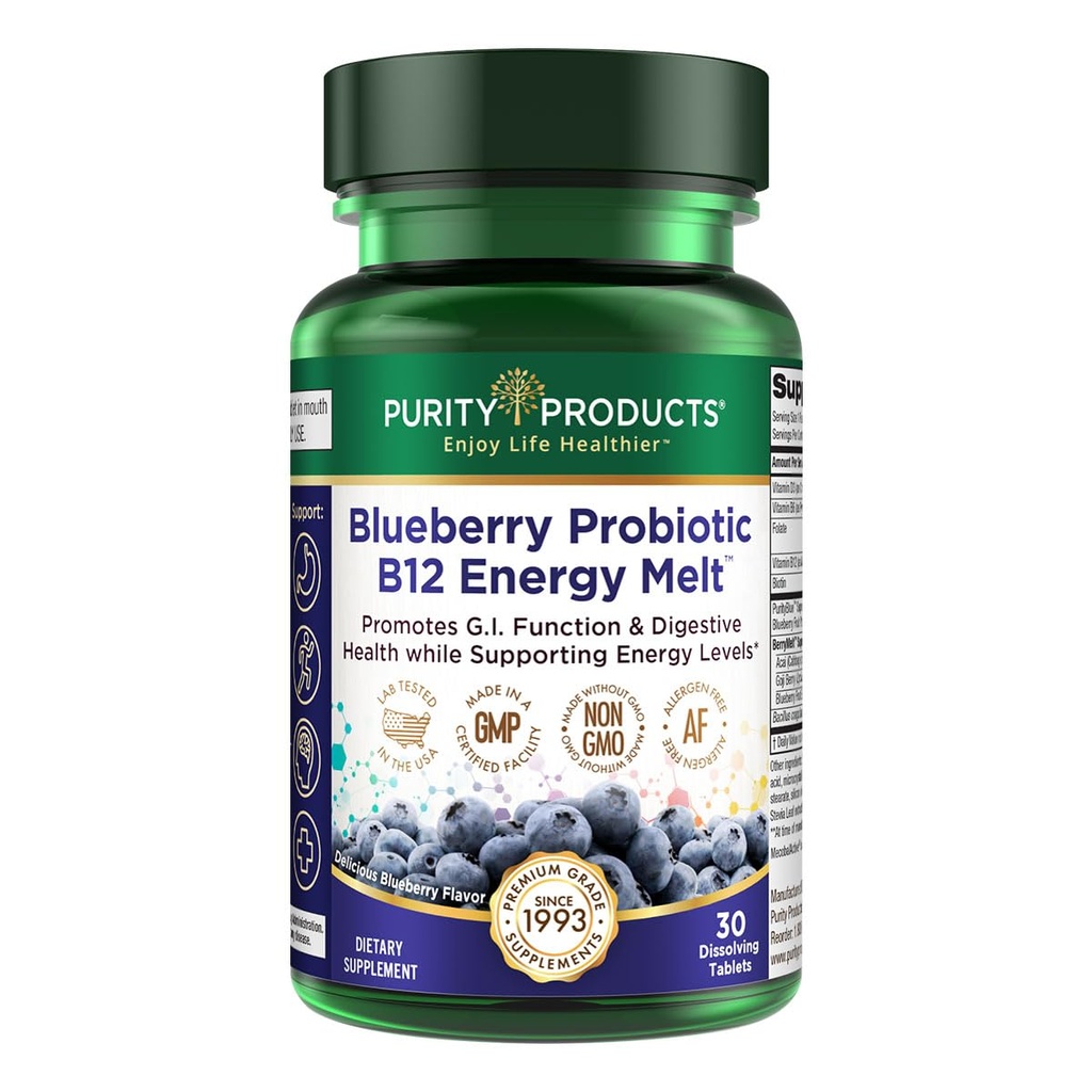 純度プロダクトBlueberryのプロバイオティックB12エネルギー メルトの臨床プロバイオティック-有機性ブルーベリー、Methylcobalamin B-12-30の溶解物