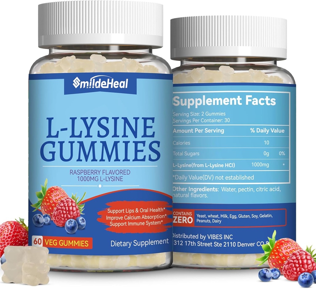 2 Pack L-Lysine 1000mg Gummies, Chewable Lysine Supplement for Adults, Immune Support, Collagen Formation Support, Non-GMO, Vegan, Gluten Free - 120 Counts