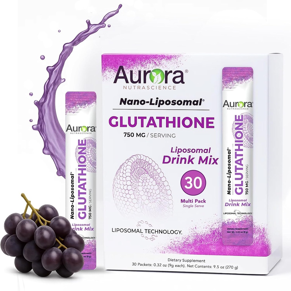 Aurora Nutrascience Nano-Liposomal Glutathione, Grape Powdered Drink Mix Immune & Antioxidant Gut Health Support Supplement, 750 mg / サービング, 非GMO, 砂糖フリー, 30シングルサーブパケット