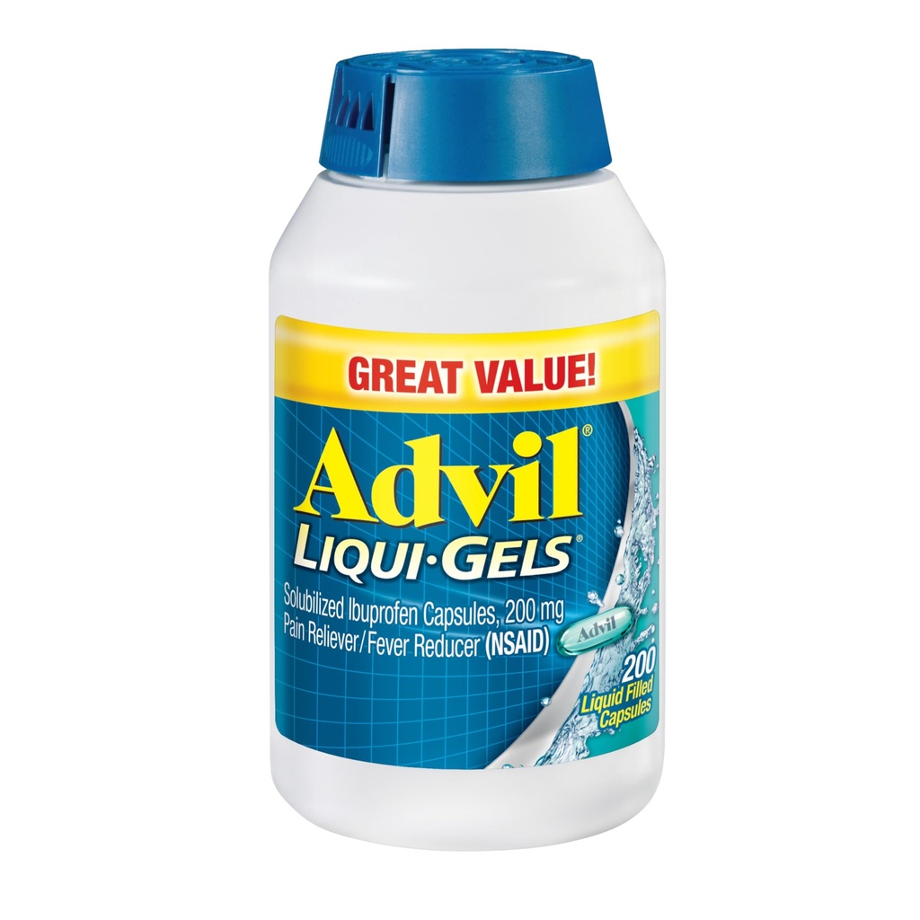 Advil Liqui-Gelsの痛みの回復力とフィーバーの減力剤、頭痛、腰痛、精神的痛み、関節の痛みの軽減のためのIbuprofen 200mgの大人のための痛みの薬 - 200液体満たされたカプセル