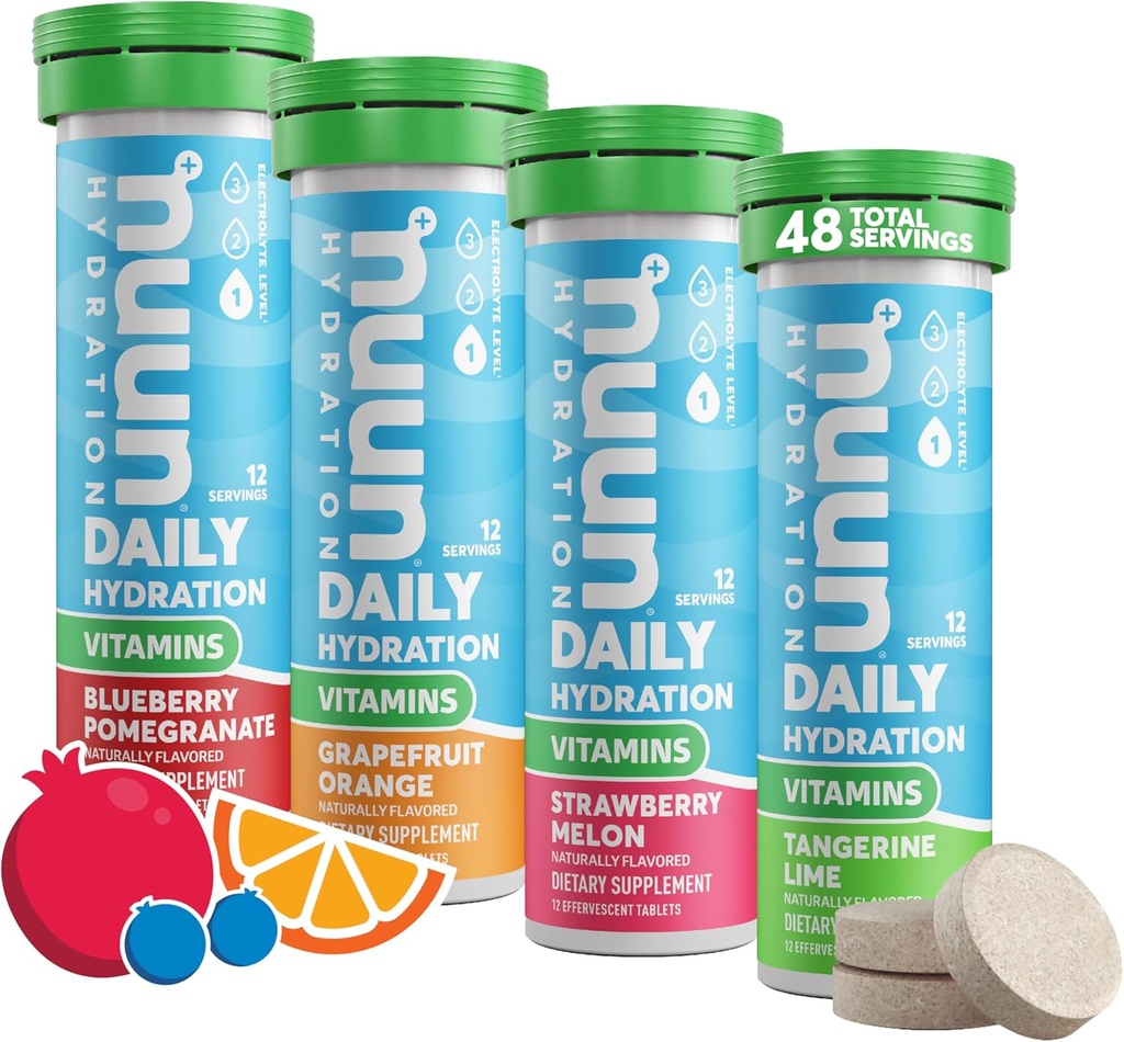 NuunのビタミンはビタミンD、C、E、A、及びB6、葉酸、マグネシウム及び4の他の付加的な電解物、グルテンフリー及びビーガン、混合されたフルーツ、4パック(合計48のサービング)とタブレットを電気分解します