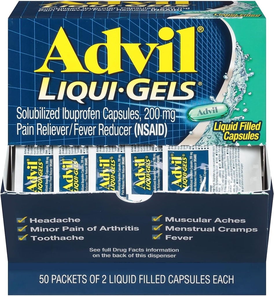 Advil Liqui-Gelsの痛みのReliever/Feverの減力剤、Solubilized Ibuprofen 200mg、2/Packet、50のパケット/箱(016902)