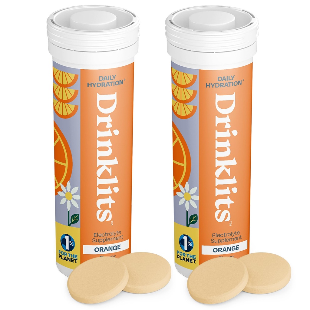 Drinklits オレンジデイリーハイドレーション錠 (2) チューブバンドル | エッセンシャル電解質 – 0g 砂糖 – 補給水ドリンク | 20 給餌 - 10 錠チューブ