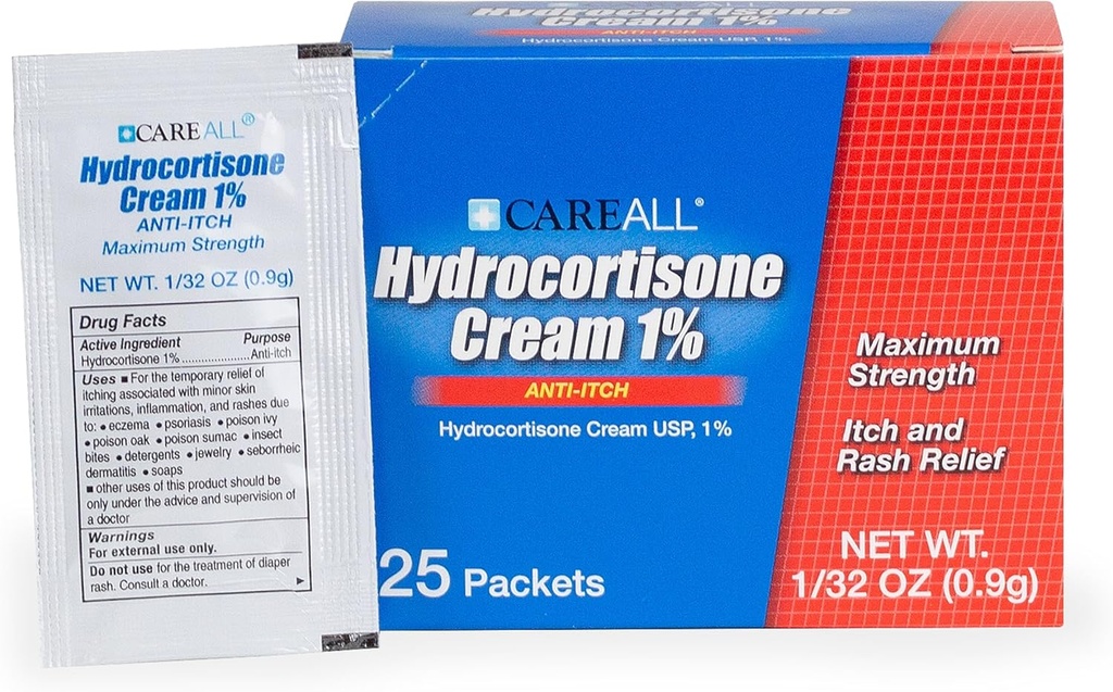 CareAll Hydrocortisoneのクリーム1% (25のパック)、0.9grホイルのパケット。 最高の強さの公式、反傷の皮のクリームはかゆみ、Eczema、昆虫の咬傷、毒のアイビーおよび乾癬を取り除きます