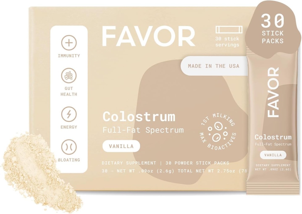 FAVOR Bovine Colostrum Stick Pack | Liposomal and Whole | Holistic Human Health | 旅行に便利な | ファースト・ミルク | 自然に高いIgGパウダー | 米国製 | ミックスしやすい【バニラ】