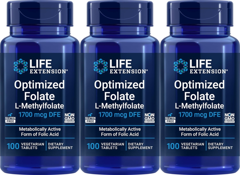 Life Extension Optimized Folate 1700 mcg DFE, 100 Vegetarian Tablets (Pack of 3)