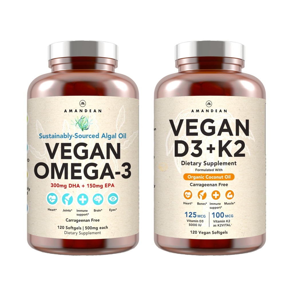 ビーガンパワーハウスコンボ。 Algalオイル&ビタミンD3 + K2からオメガ3。 Algaeから植物ベースの5000 iu VIT D。 100 mcgオールトランスMK-7 Vita K。 カラギーナン無料ベジーSoftgels。